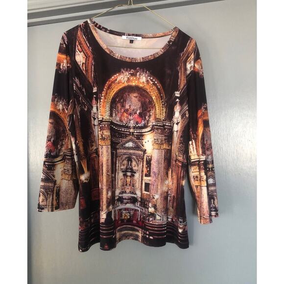 Violet Ruby size L rhinestones printed Scoop Neck 3/4 sleeve Top - Picture 1 of 4